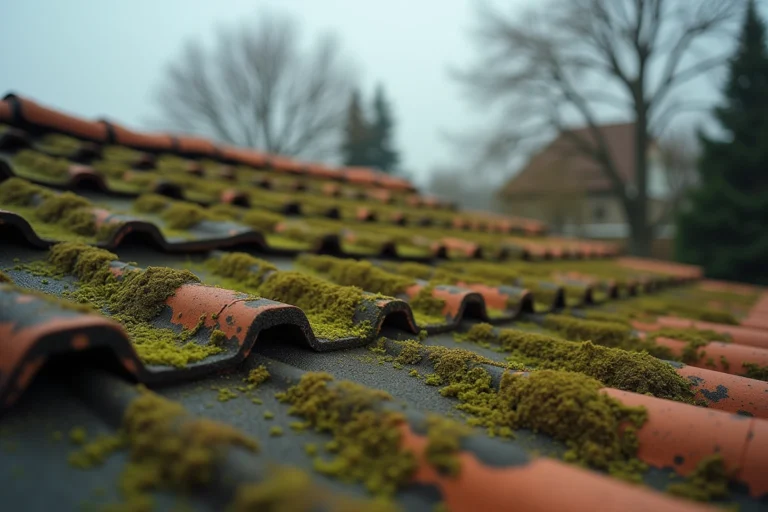 Toiture en tuiles terracotta envahie par des algues vertes et noires, vue depuis le sol d'une maison résidentielle