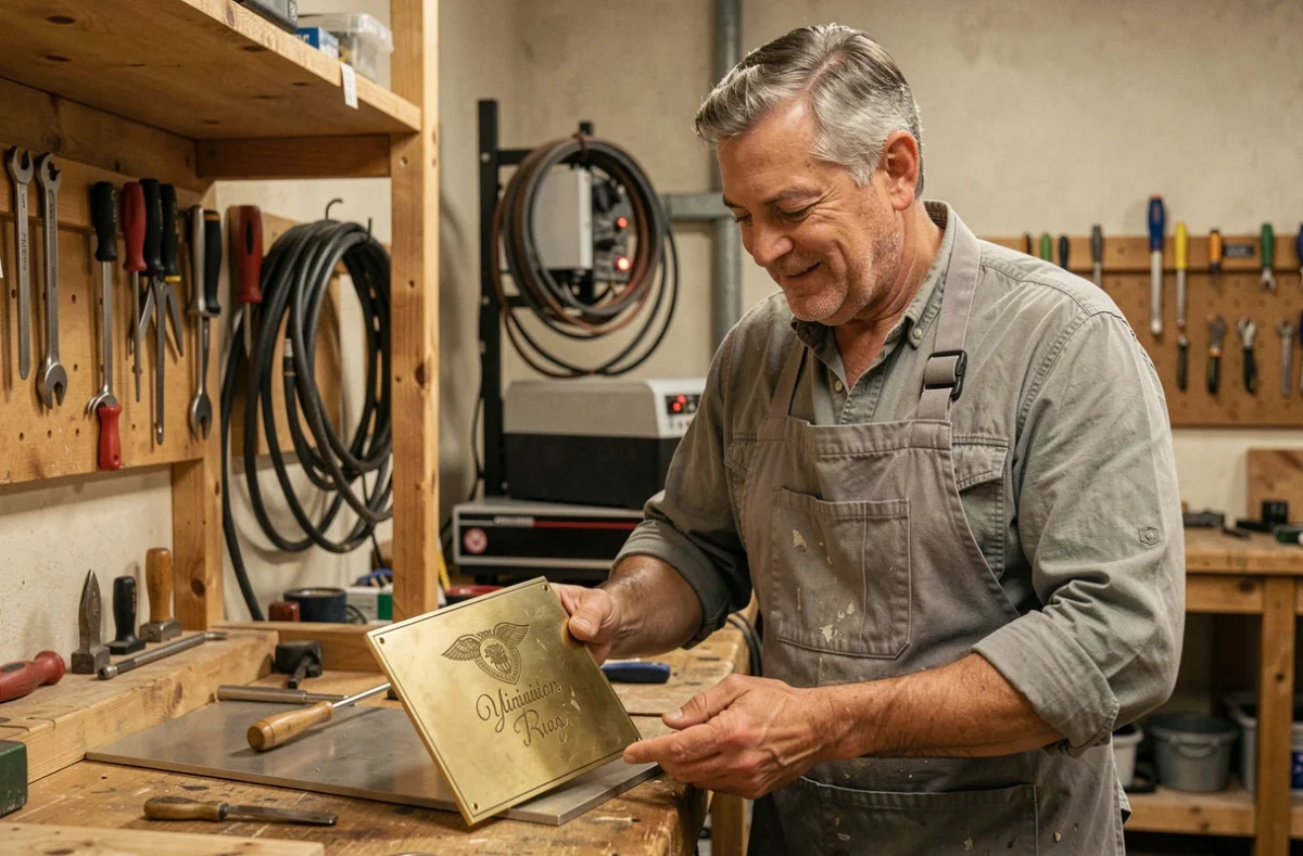 Artisan inspectant une plaque gravée au laser en laiton dans un atelier de fabrication artisanale