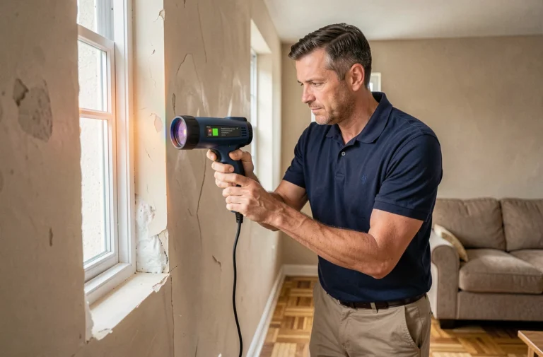 Auditeur énergétique professionnel inspectant l'isolation d'une fenêtre avec une caméra thermique dans un salon résidentiel