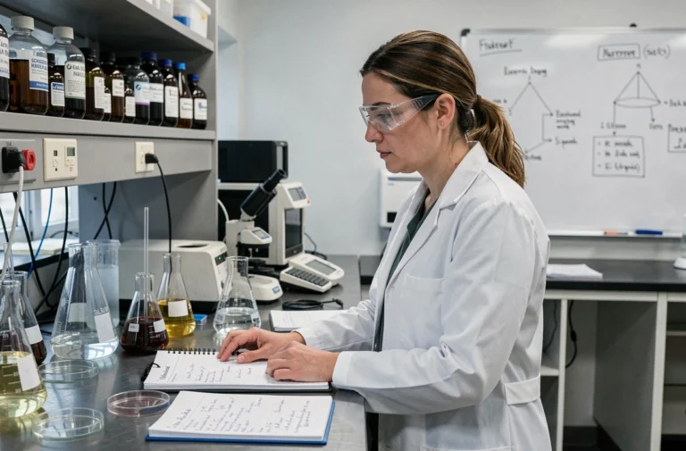 Chercheuse en blouse blanche analysant des données expérimentales dans un laboratoire universitaire moderne, illustrant la démarche scientifique