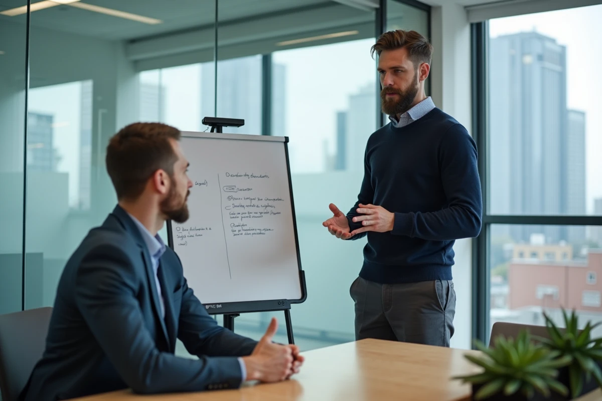 Coach bien-être professionnel animant une séance individuelle d'accompagnement en entreprise