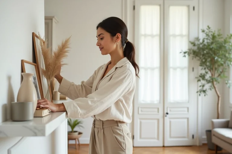 Femme arrangeant des objets décoratifs sur une étagère en marbre dans un appartement parisien lumineux, style lifestyle déco naturel