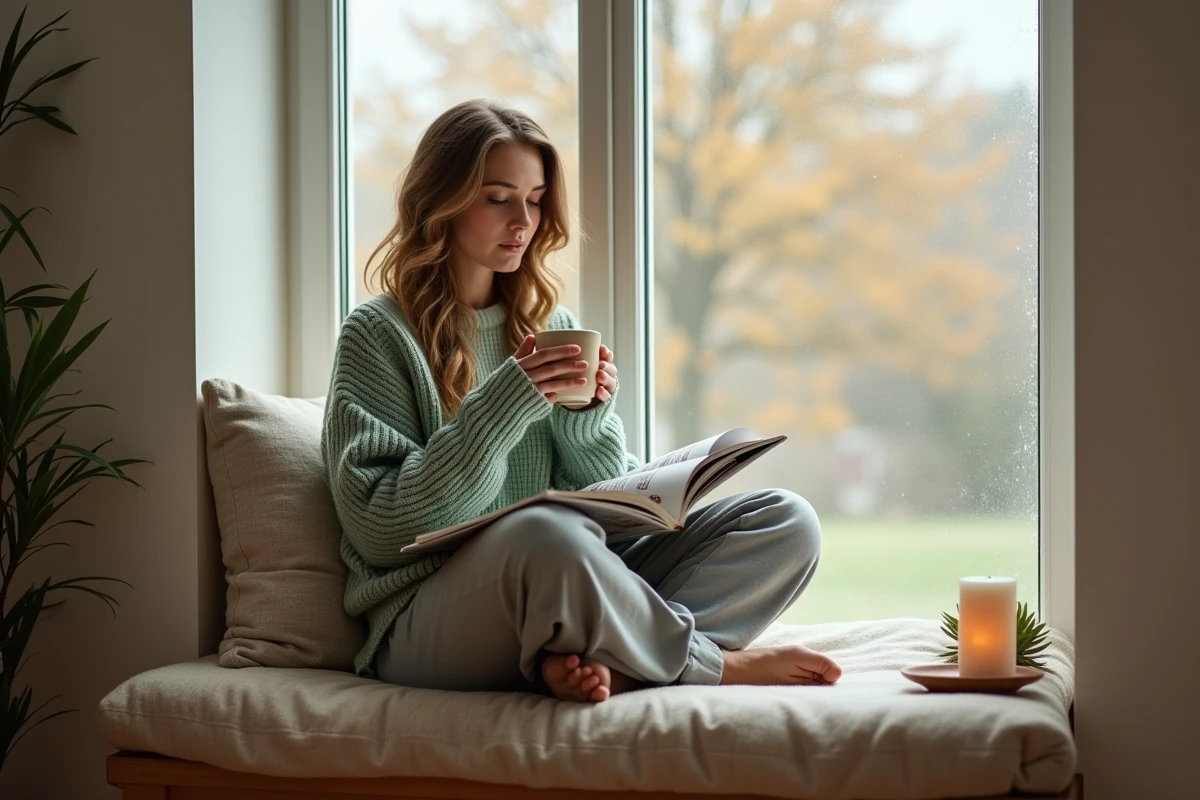 Femme assise sur un banc de lecture cosy tenant un mug, ambiance lifestyle déco intérieur automne