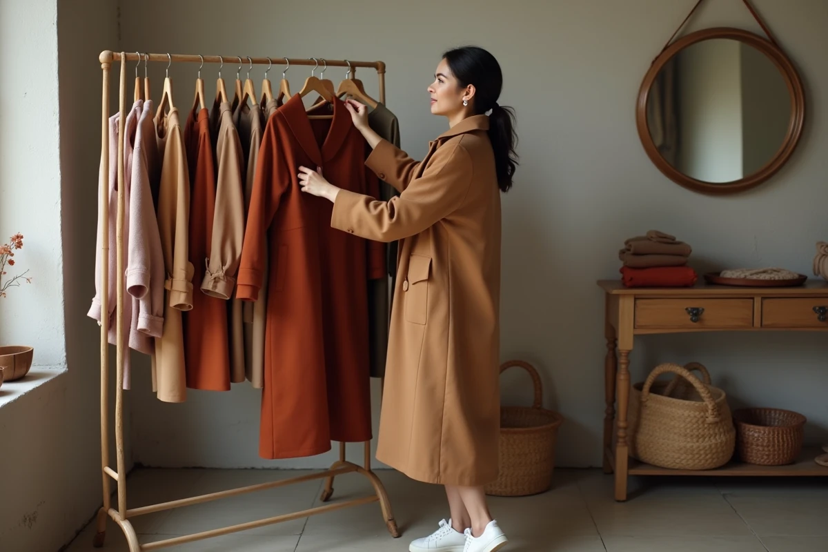 Femme feuilletant des vêtements sur un portant dans une boutique de mode indépendante, ambiance lifestyle mode tendance