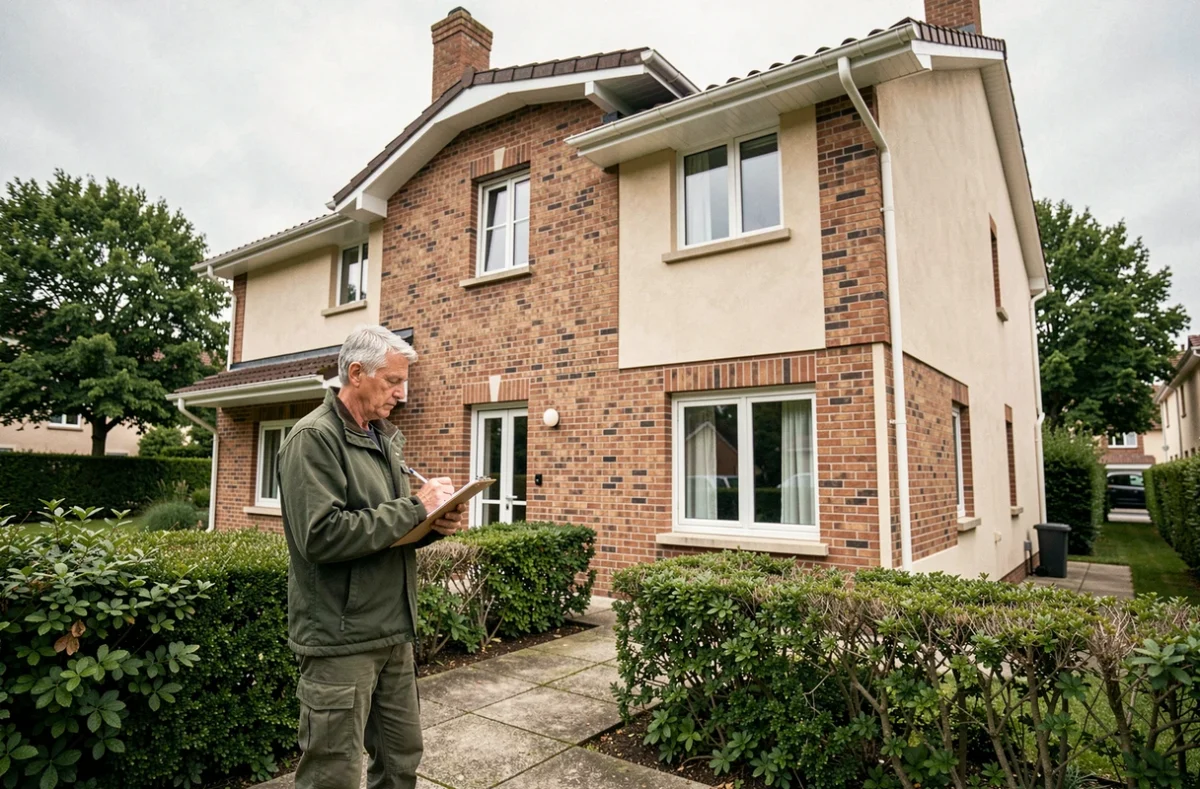 Consultant en énergie examinant la façade et les combles d'une maison individuelle française pour un bilan énergétique