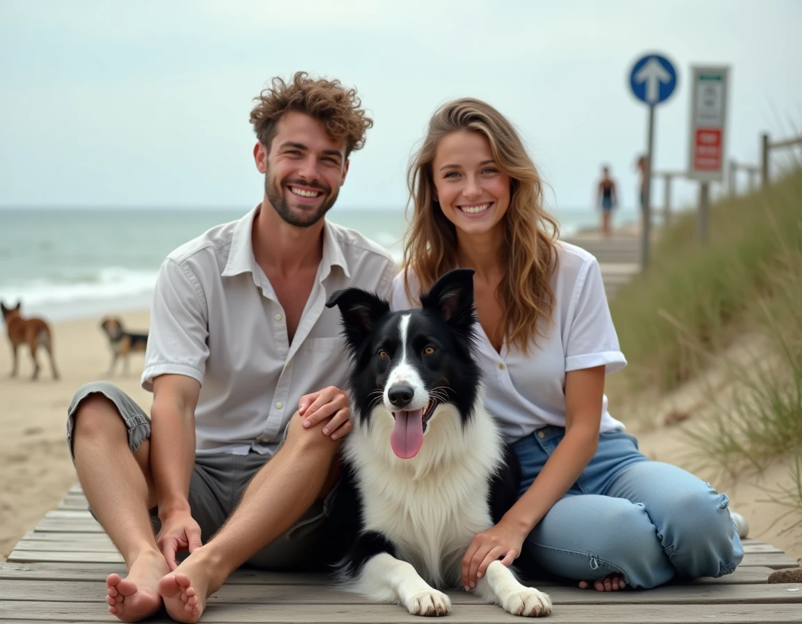 Couple assis avec leur border collie sur une rampe d'accès à la plage autorisée aux chiens près de Vannes
