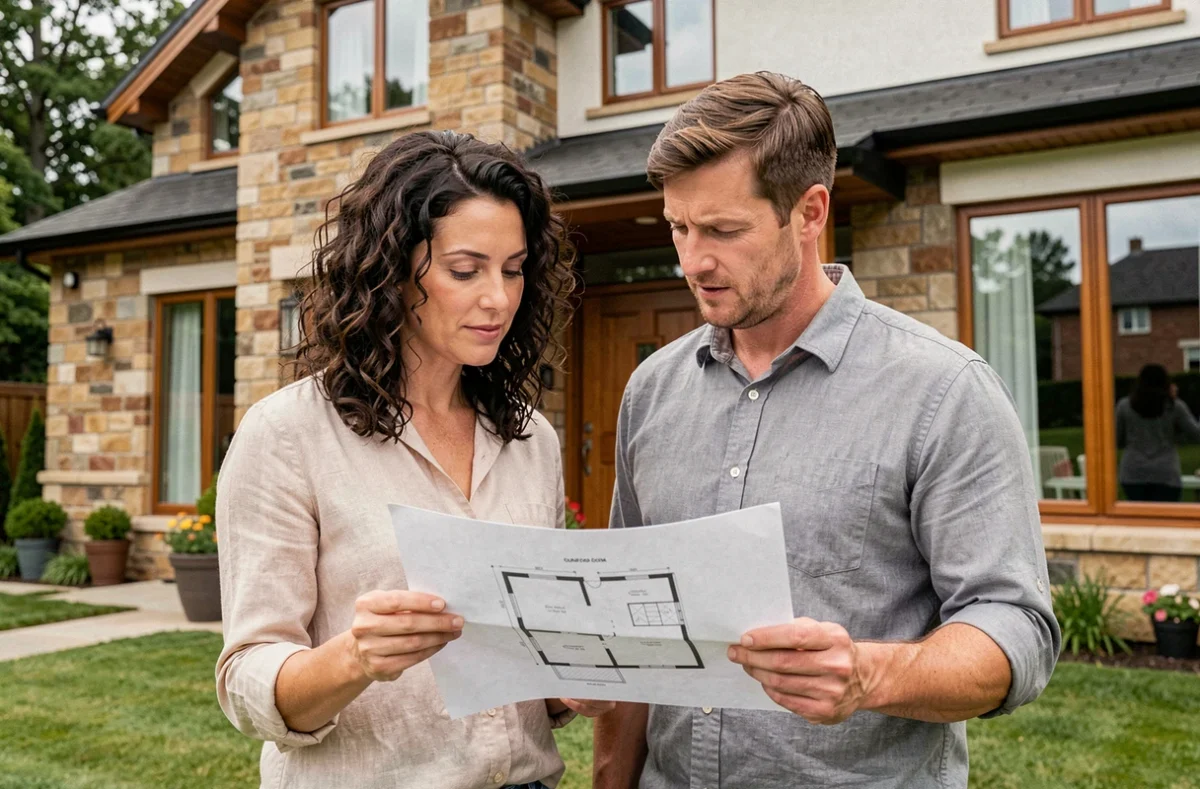 Couple en train d'examiner les plans de leur future maison devant une façade moderne avec jardin