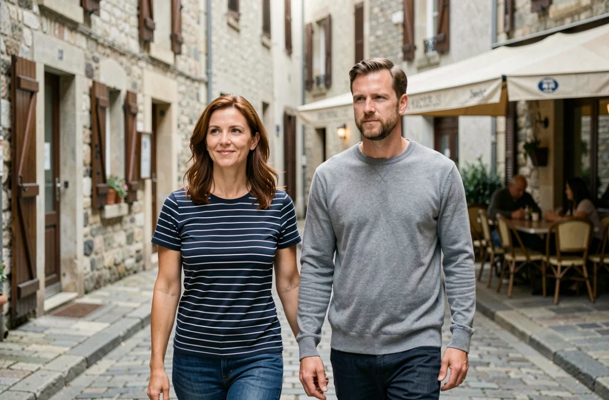 Couple se promenant dans une rue pavée d'une ville française, ambiance vie personnelle et complicité