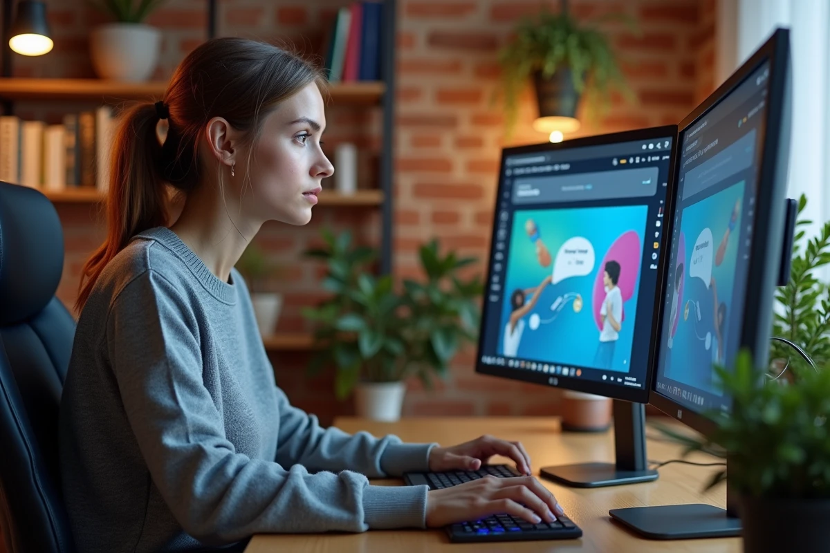 Développeuse web créant un site interactif et dynamique sur double écran dans un bureau moderne