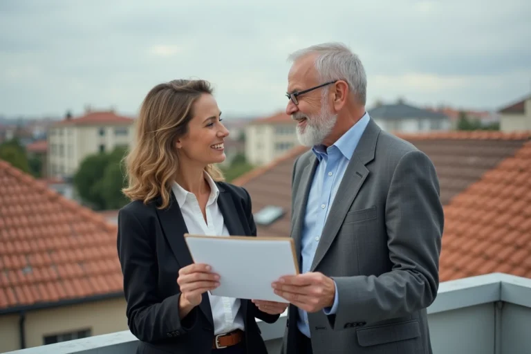 Femme et homme discutant de plans sur une terrasse urbaine