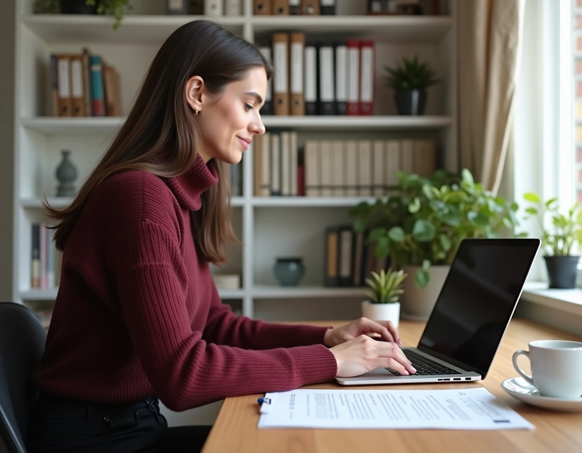 Employée RH en télétravail analysant un extranet de gestion des ressources humaines sur son ordinateur portable avec des notes comparatives