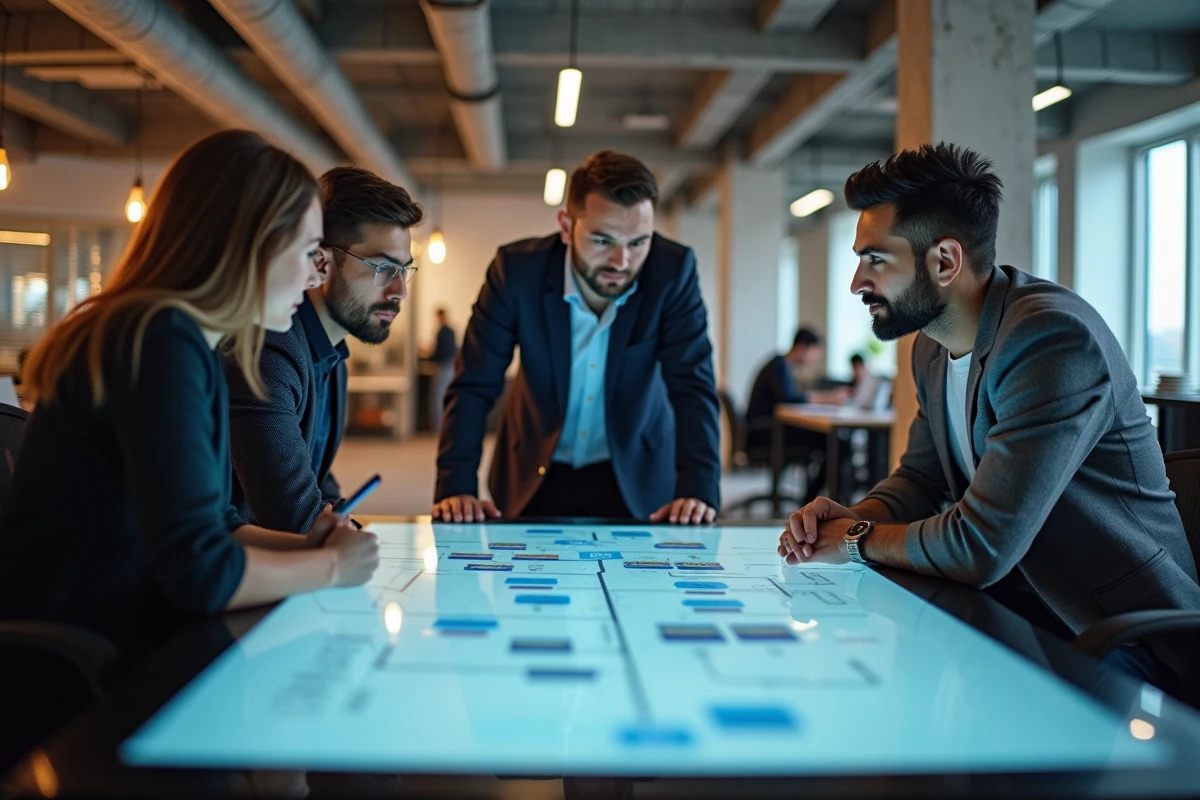 Équipe de professionnels collaborant sur la conception d'un site web vivant et interactif en agence créative