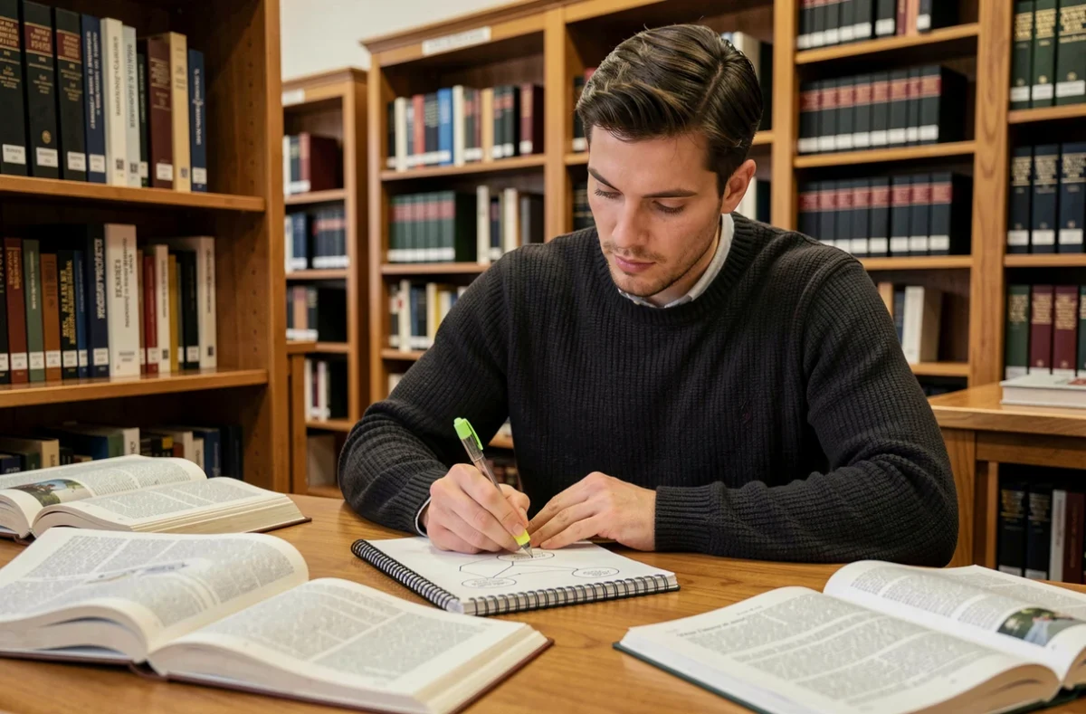 Étudiant en sciences prenant des notes structurées dans une bibliothèque universitaire, représentant les étapes d'une démarche scientifique rigoureuse