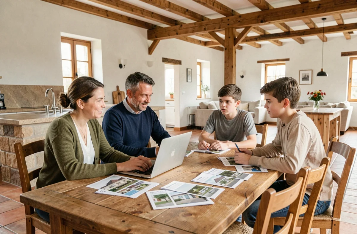Famille réunie autour d'une table en bois pour choisir leur maison idéale sur ordinateur portable