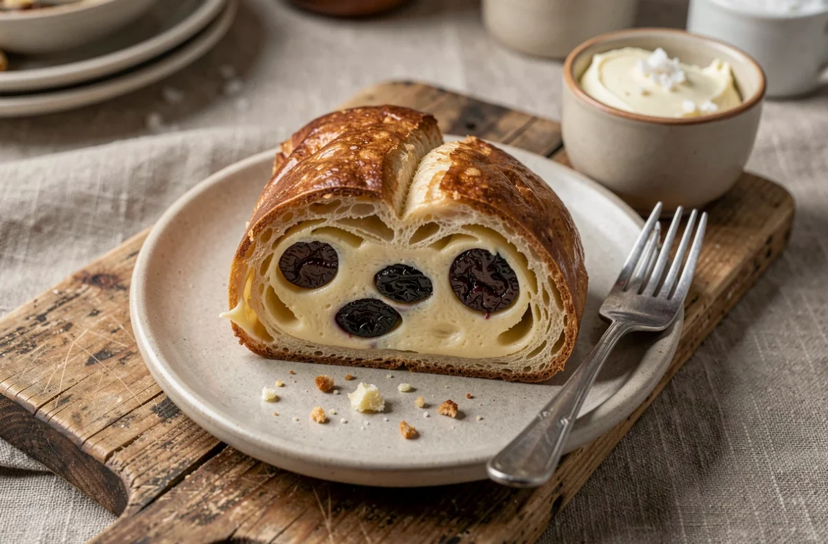 Tranche de far breton aux pruneaux sur une planche en bois rustique dans une cuisine de ferme bretonne