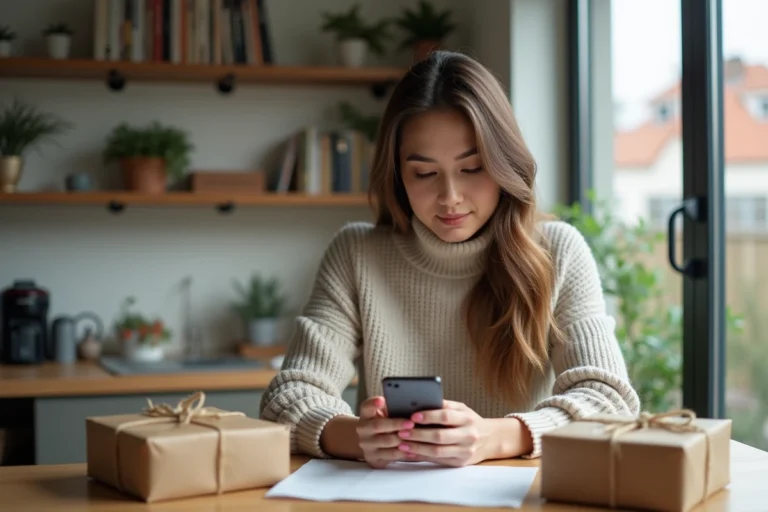 Femme en intérieur vérifiant les coûts d'expédition sur son smartphone