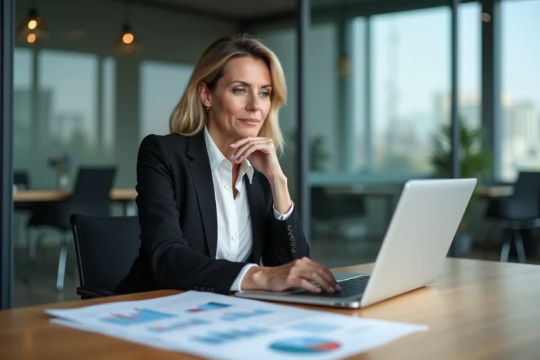 Femme d'affaires confiante regardant des graphiques immobiliers