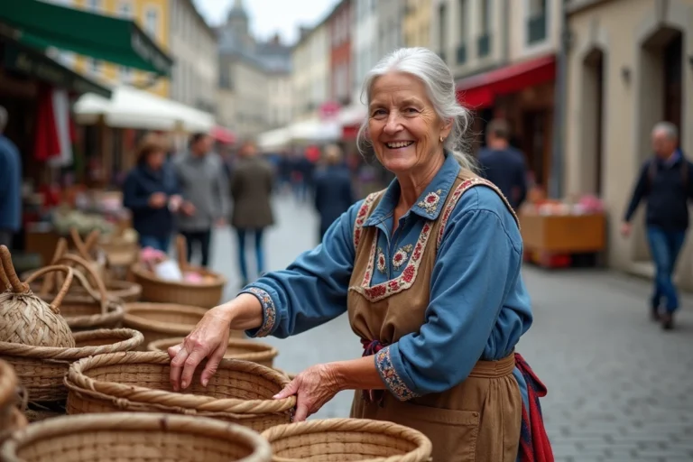 Femme bretonne âgée avec coiffe traditionnelle dans un marché animé