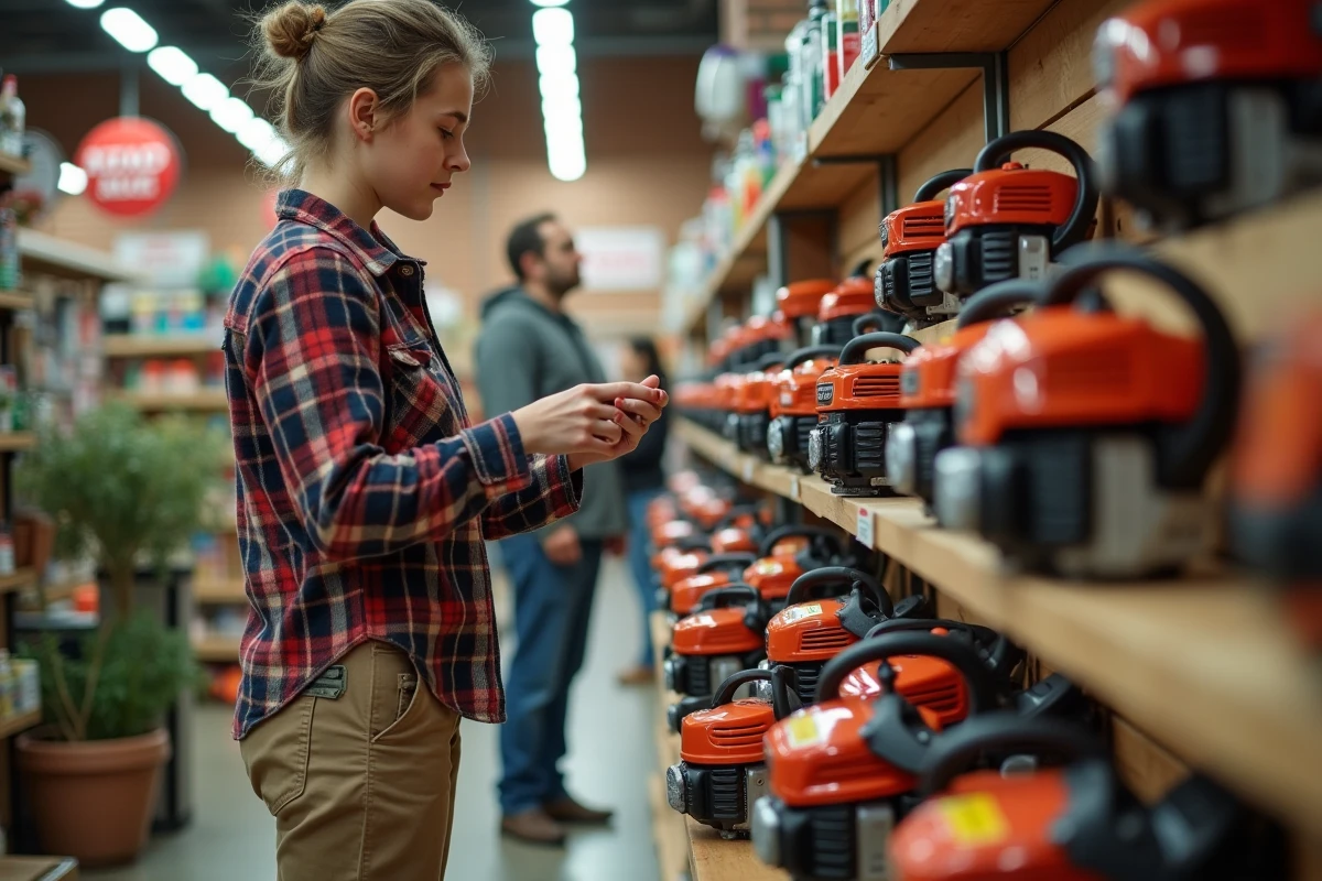 Jeune femme inspectant un taille-haie en magasin de bricolage