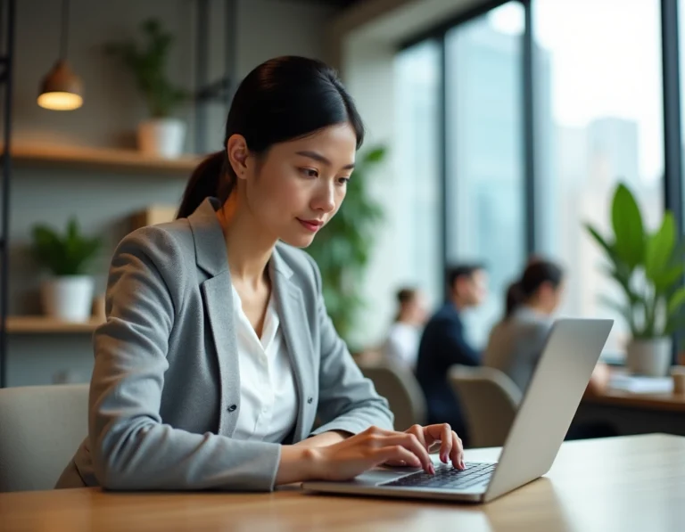 Femme consultant un site d'emploi sur un ordinateur portable dans un bureau moderne