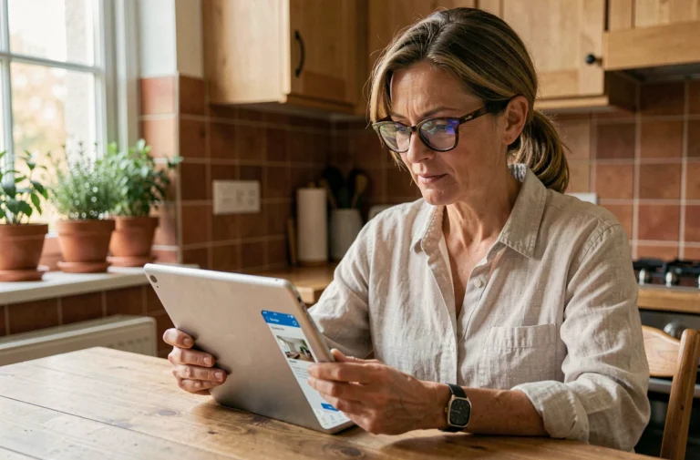 Femme consultant une application de services à domicile sur tablette dans une cuisine chaleureuse