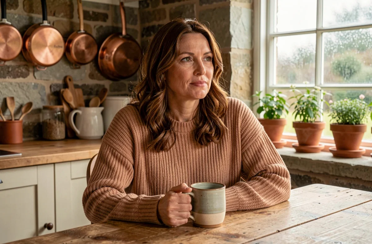 Femme détendue dans une cuisine de maison de campagne tenant une tasse, portrait vie privée chaleureuse