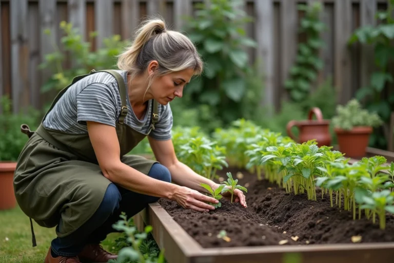 Femme jardinant dans un potager surélevé en bois, transplantant des plants de tomates dans une terre riche, entourée de légumes et de pots en terre cuite