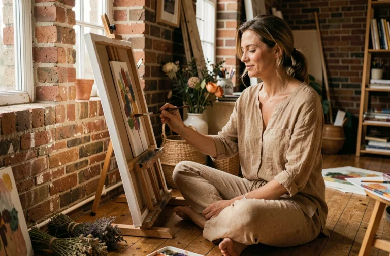 Femme épanouie peignant sur une toile dans un atelier de maison chaleureux, illustrant les bienfaits des loisirs créatifs sur le bien-être