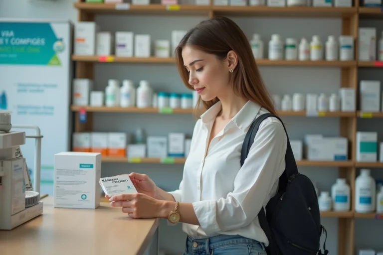 Femme examinant un médicament dans une pharmacie moderne