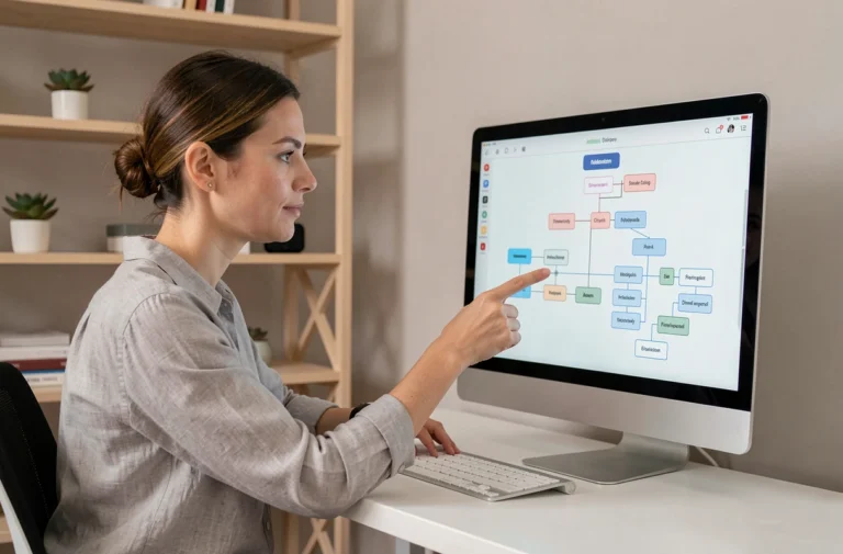 Femme utilisant un plan du site structuré sur un écran d'ordinateur dans un bureau moderne et minimaliste