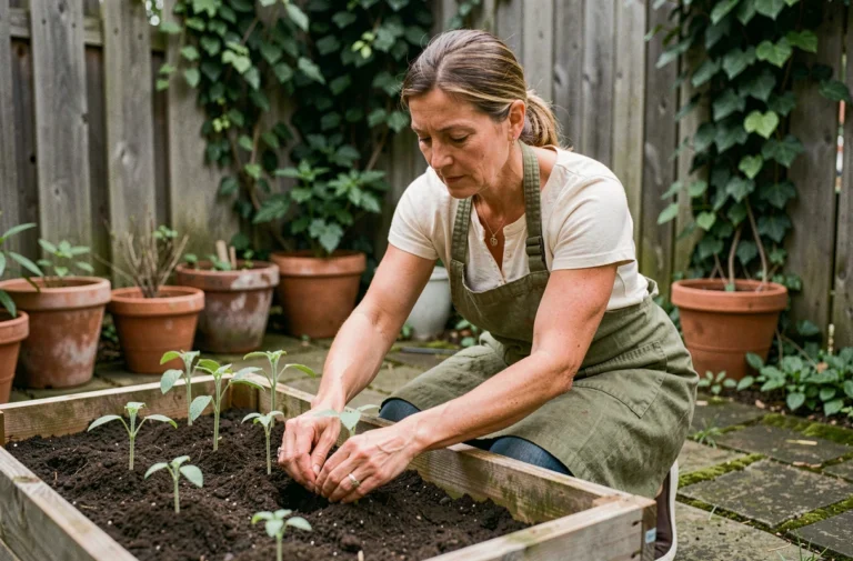 Femme jardinant en train de planter des plants de tomates dans un potager surélevé en bois au printemps