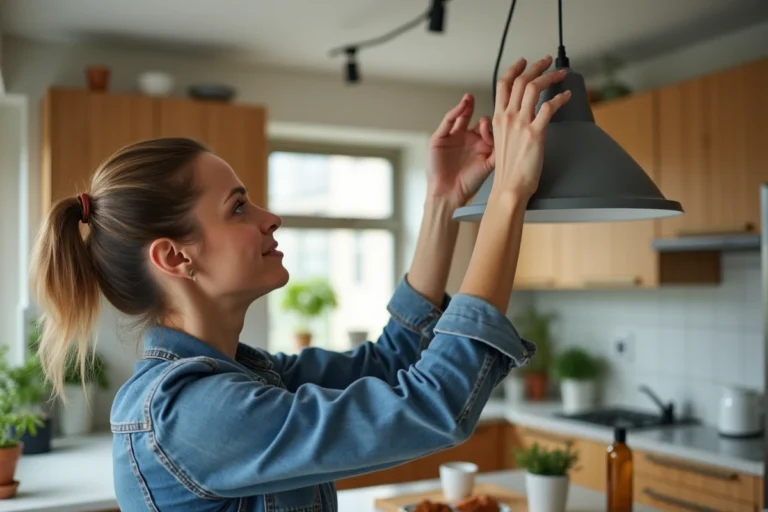 Femme ajustant un luminaire dans une cuisine lumineuse