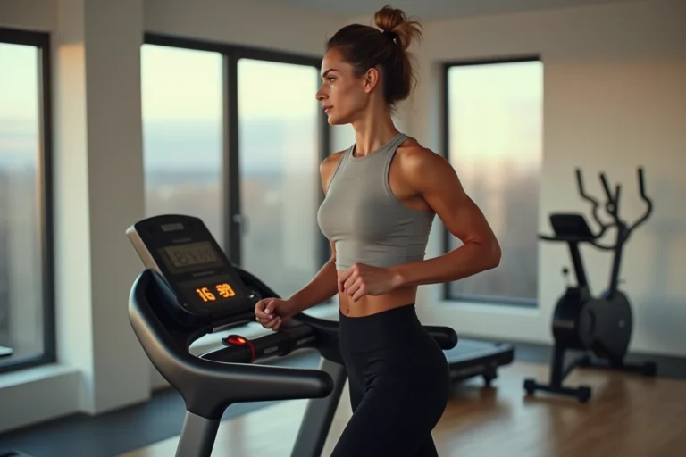 Femme marchant sur un tapis de course le matin dans une salle de sport à domicile avec vue sur l'aube