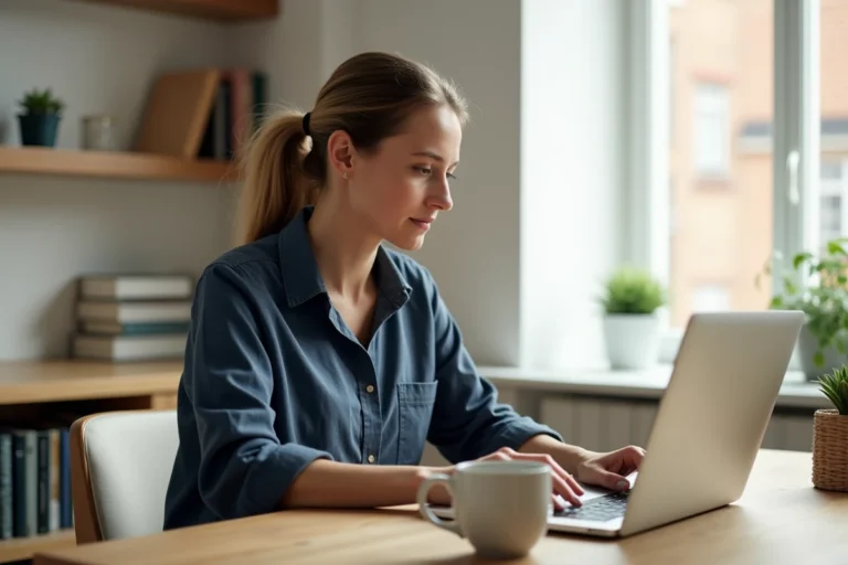 Femme en télétravail concentrée devant son ordinateur portable dans un bureau à domicile bien organisé