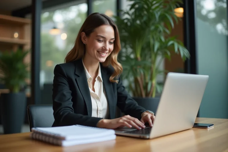 Femme souriante utilisant un ordinateur dans un espace coworking