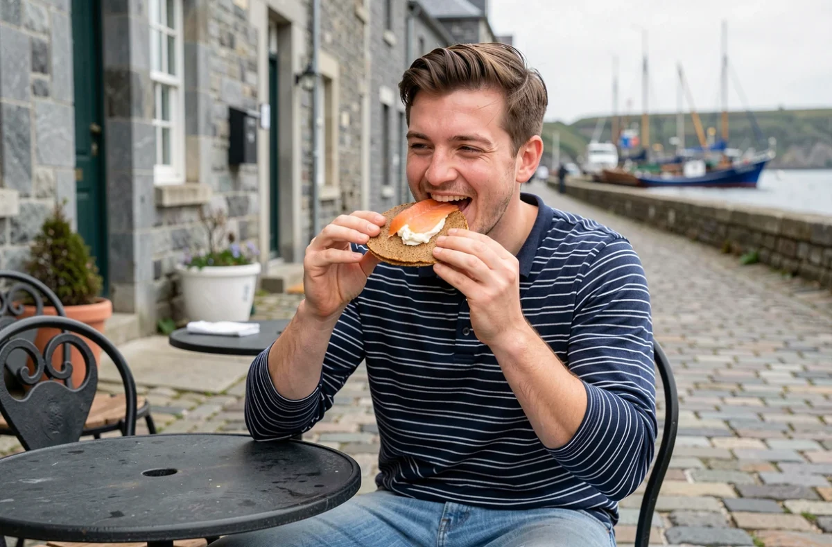 Jeune homme dégustant une galette de sarrasin au saumon fumé en terrasse d'une crêperie bretonne au bord de mer