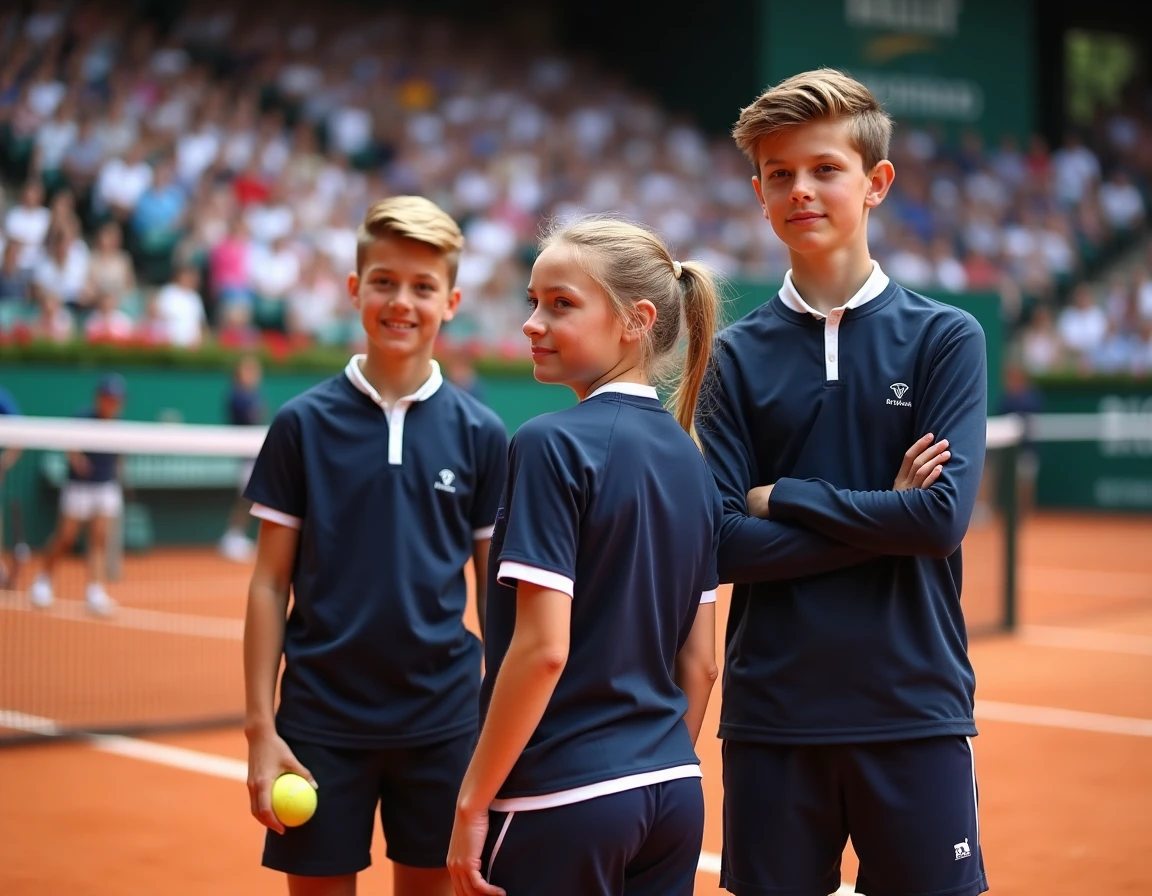 Groupe de ramasseurs de balles en uniforme officiel près du filet sur le court Philippe Chatrier à Roland Garros