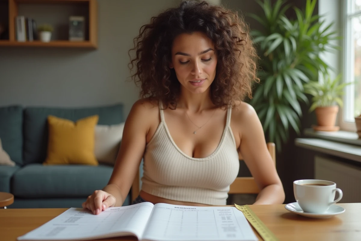 Femme consultant un guide de tailles de soutien-gorge et un mètre ruban posés sur un bureau en bois pour trouver sa pointure Etam