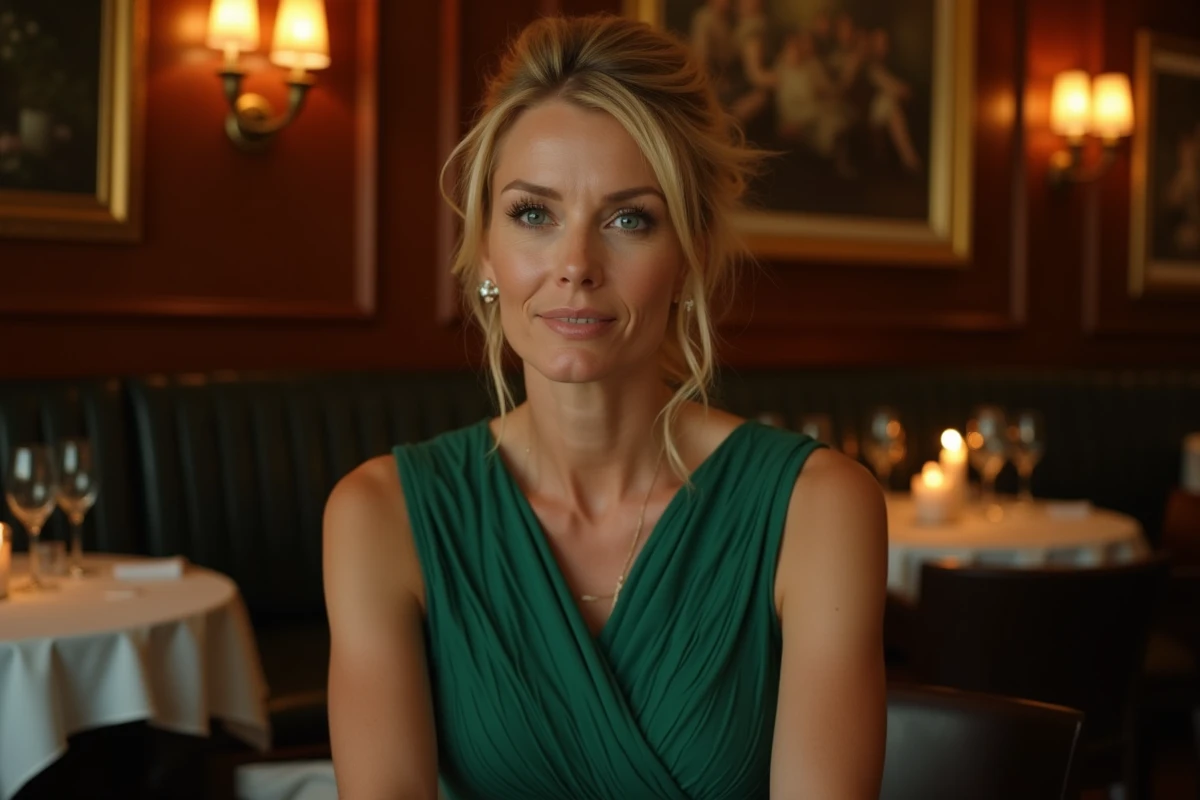 Femme blonde en robe verte dans un restaurant britannique élégant lors d'un événement mondain, illustrant le parcours social d'Hannah Bagshawe