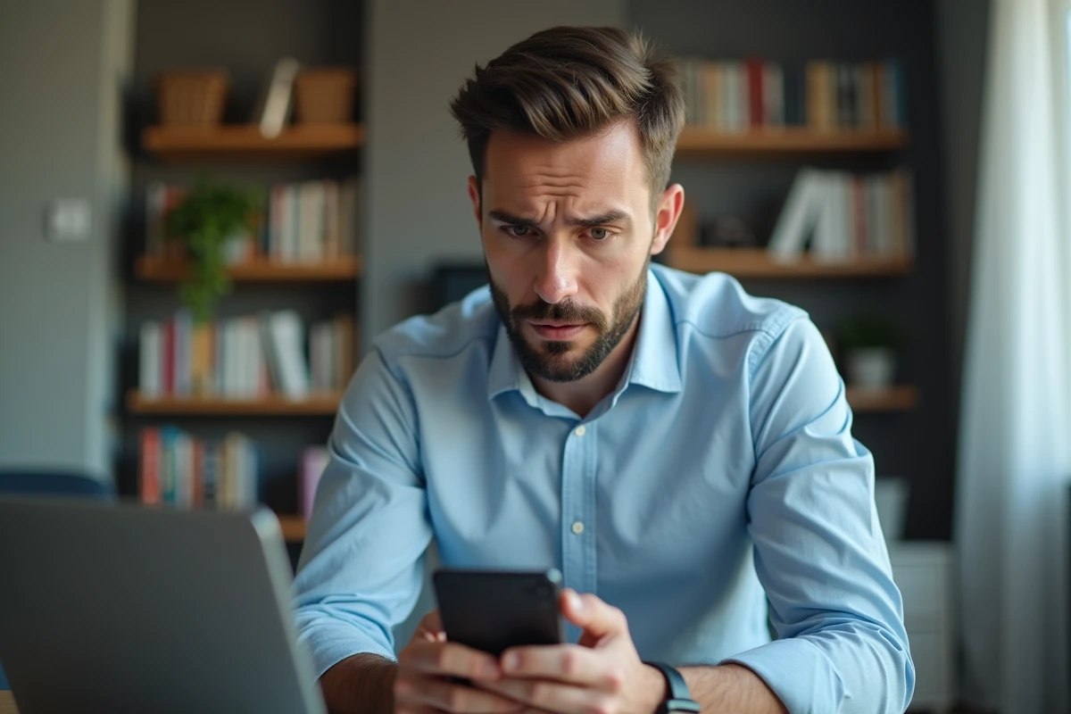 Homme au bureau vérifiant un appel entrant indésirable sur smartphone, numéro inconnu affiché à l'écran dans un bureau à domicile