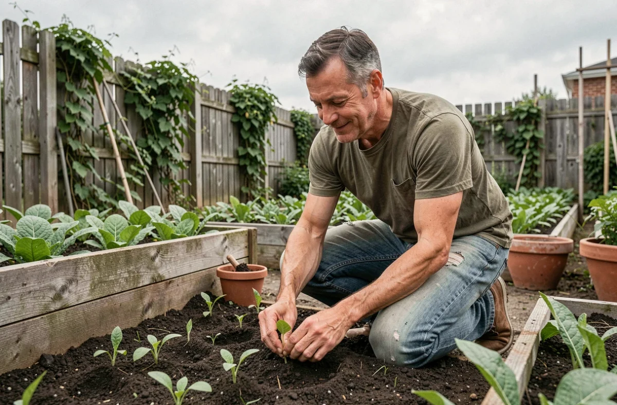 Homme jardinant avec soin dans un potager verdoyant, symbole des loisirs en plein air bénéfiques pour l'équilibre mental et physique