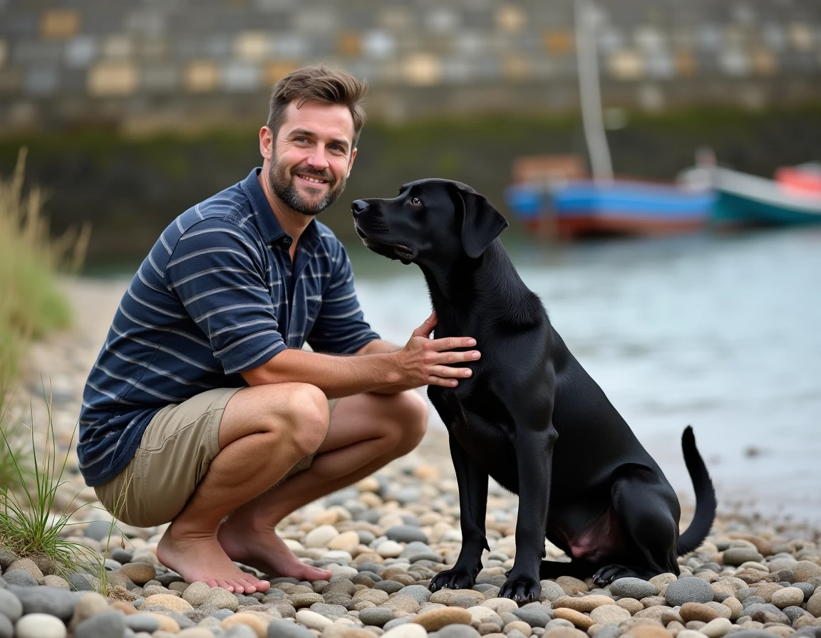 Homme accroupi interagissant avec son labrador noir sur une plage rocailleuse du Golfe du Morbihan près de Vannes