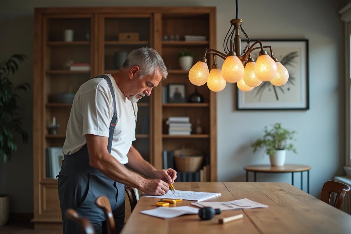Homme mesurant la longueur d’un chandelier dans un appartement moderne