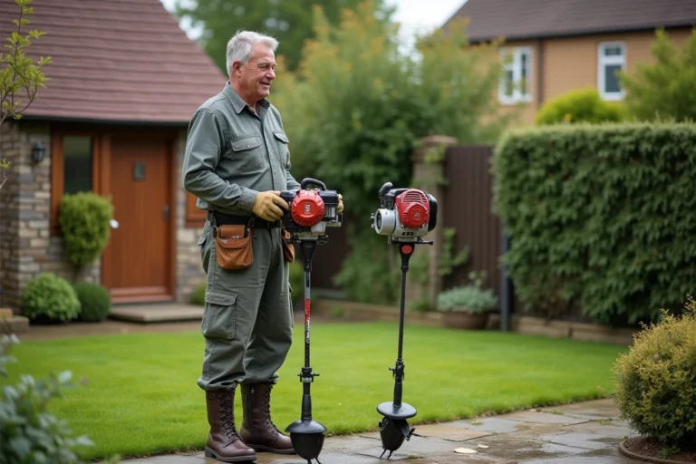 Homme comparant deux taille-haies à l'extérieur dans un jardin