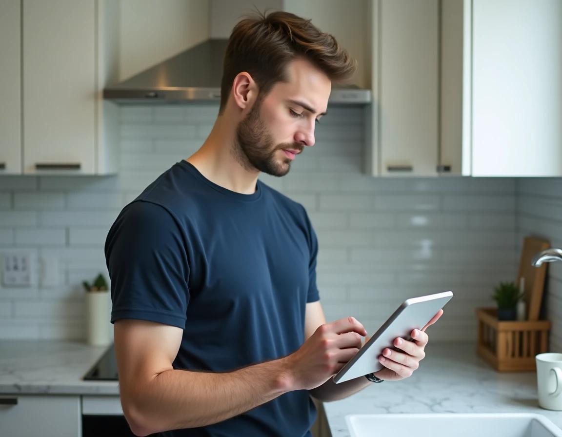 Homme parcourant les offres d'emploi sur une tablette dans une cuisine moderne