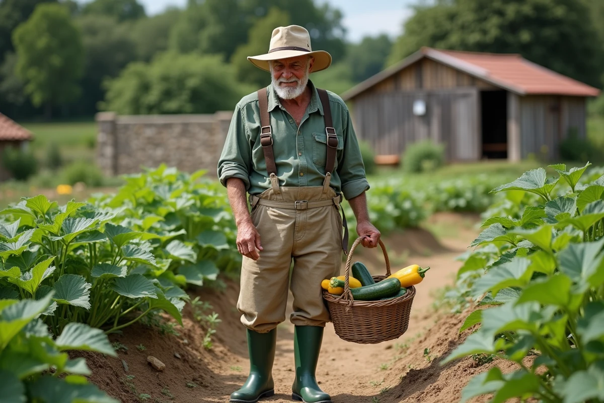 Homme âgé récoltant des courgettes dans un grand potager en plein air avec rangées de légumes mûrs, panier en osier et cabane en bois en arrière-plan