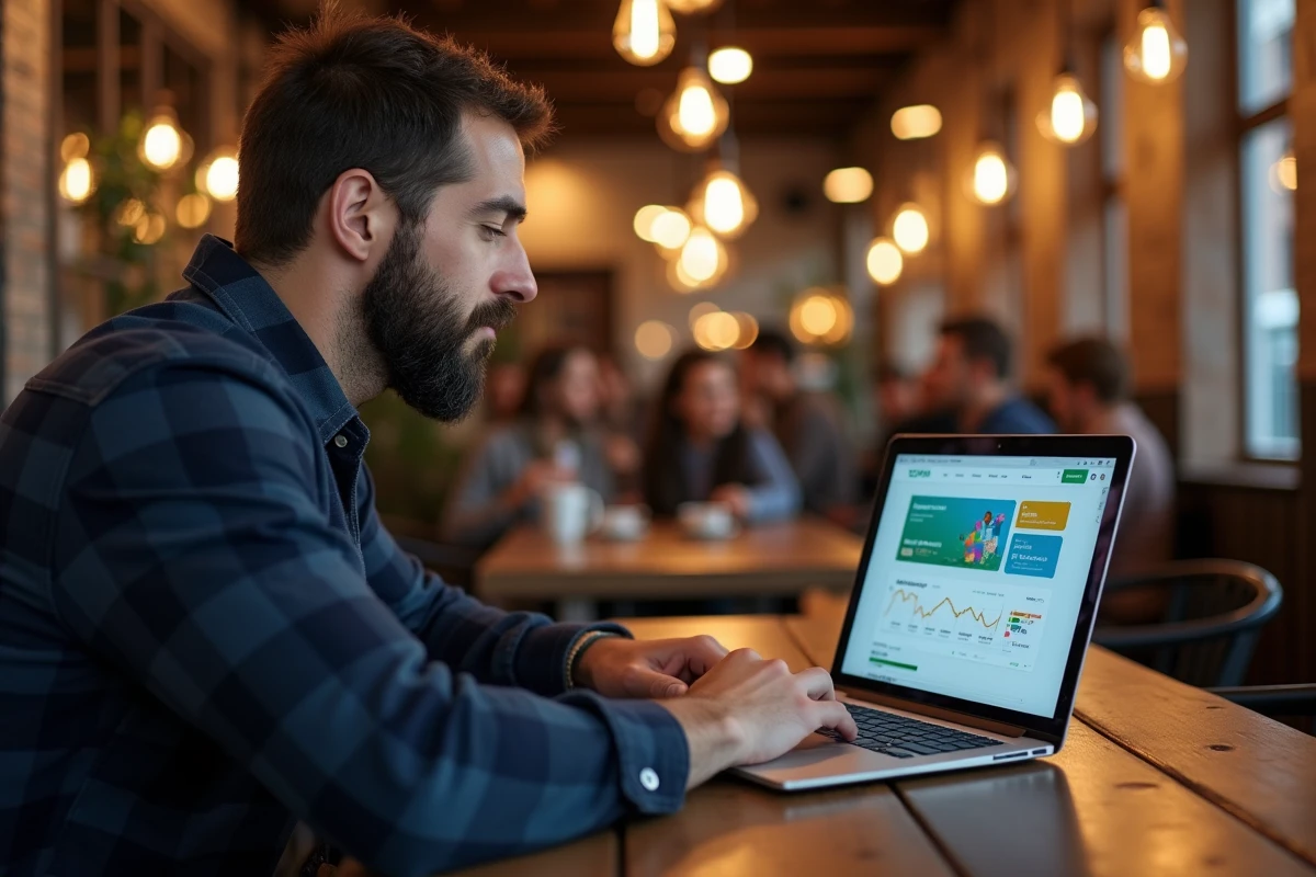Homme travaillant sur un site web interactif et engageant depuis un café urbain avec ordinateur portable