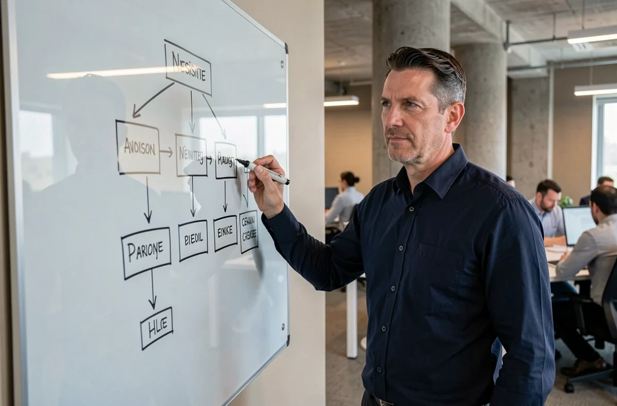 Homme dessinant un plan de site web sur un tableau blanc dans un espace de travail collaboratif