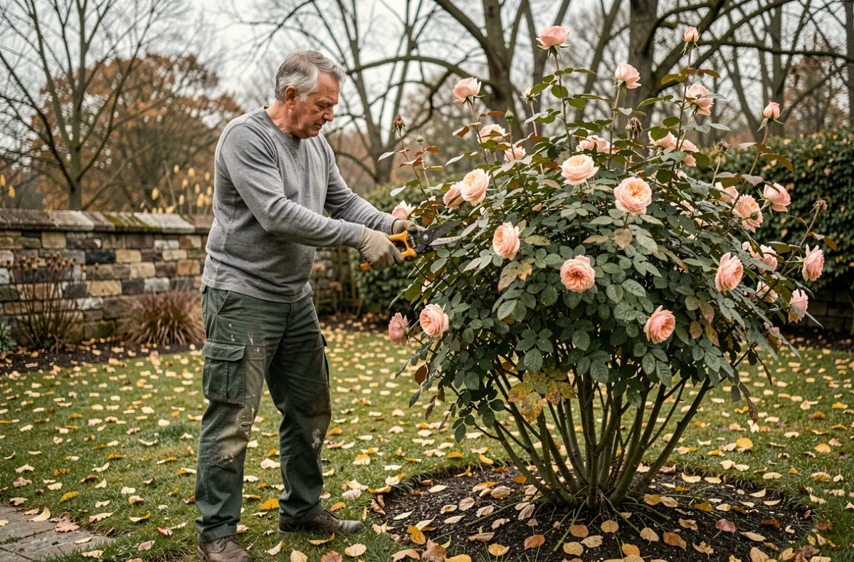 Homme taillant un rosier dans un jardin en automne avec un sécateur professionnel