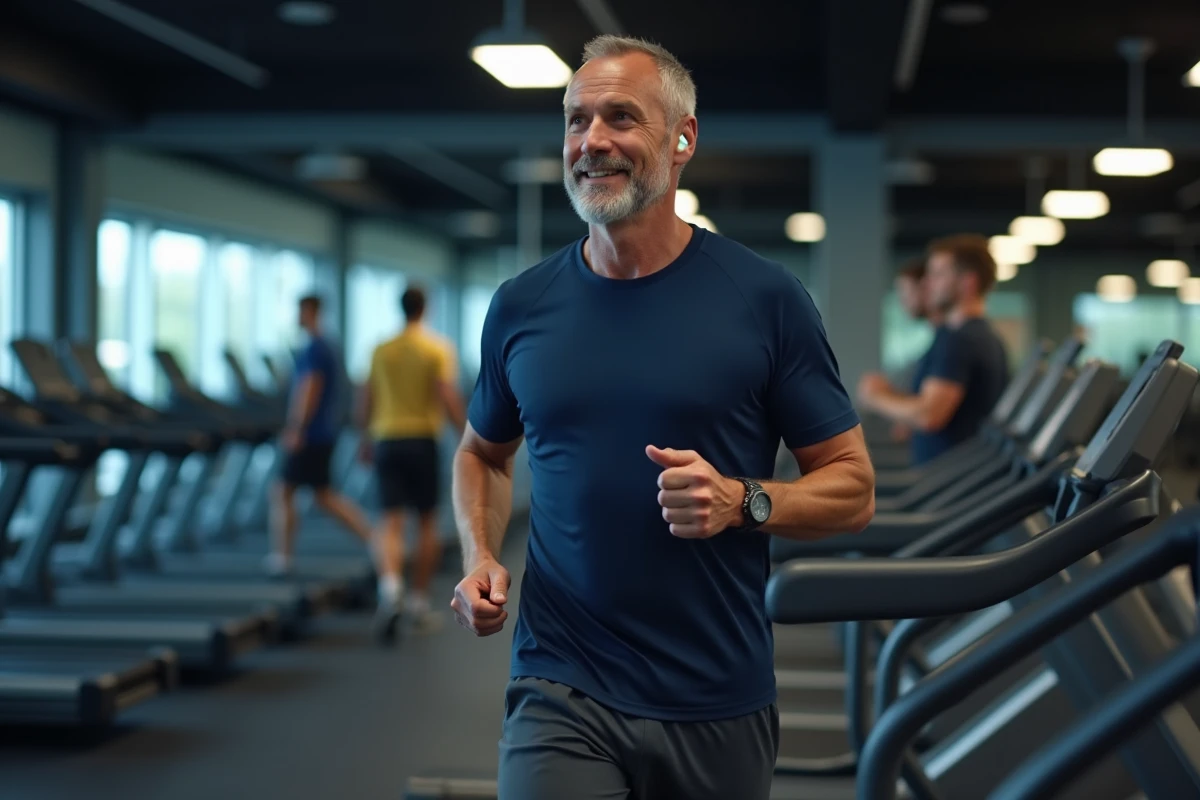 Homme marchant sur un tapis de course le soir dans une salle de fitness commerciale animée